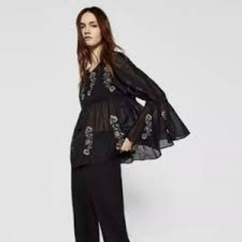 ZARA Whimsigoth Blouse Black Floral Bell Sleeves Semi Sheer Romantic Women XS